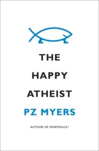 Book cover with blue ichthys with feet and the words "The Happy Atheist"