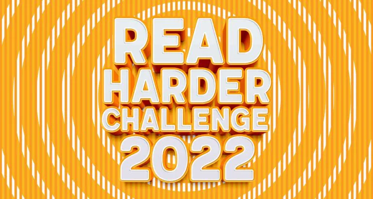 "Read Harder Challenge 2022" in large white letters on a white and orange background